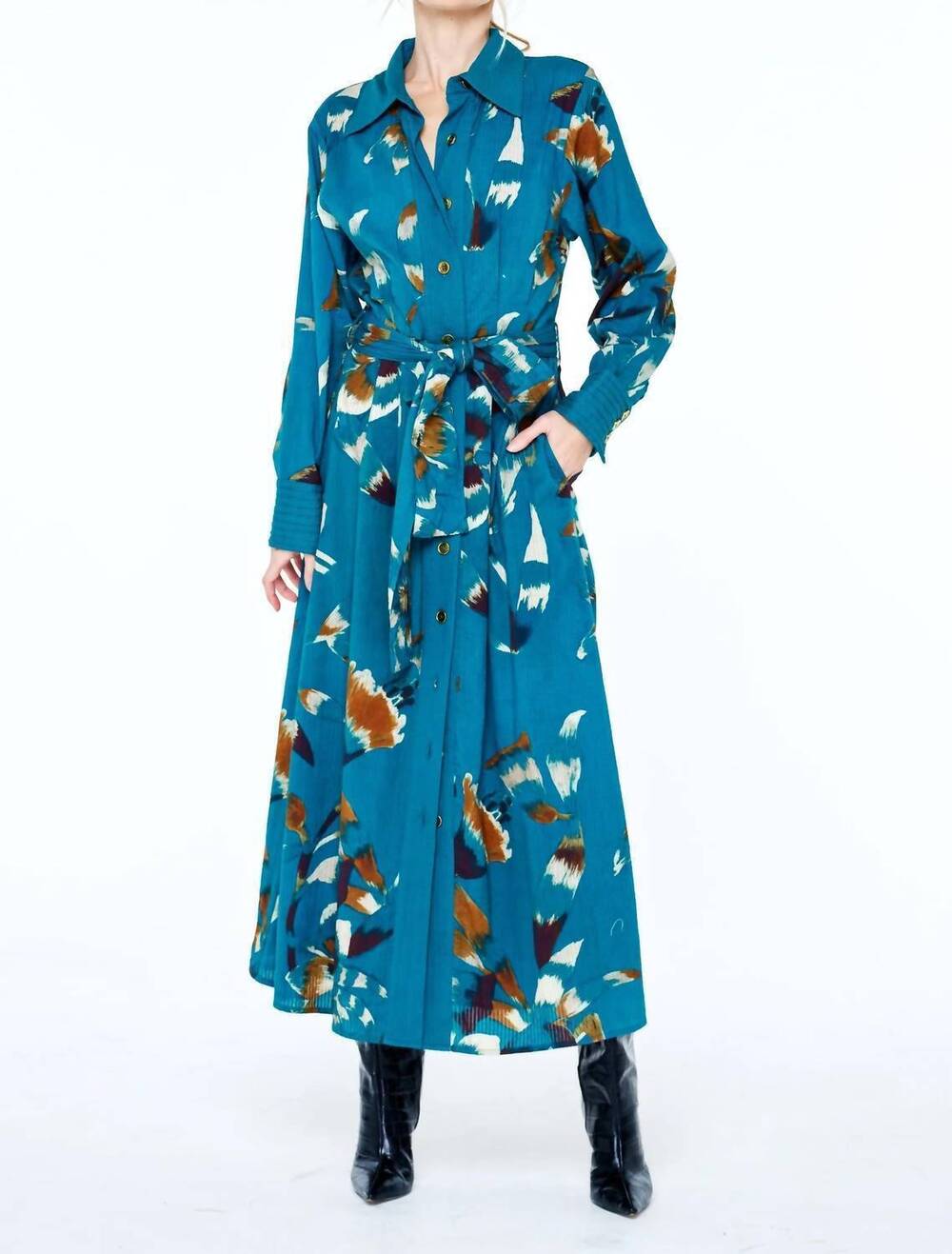 NEW CIEBON women's printed seersucker maxi shirt dress in teal
